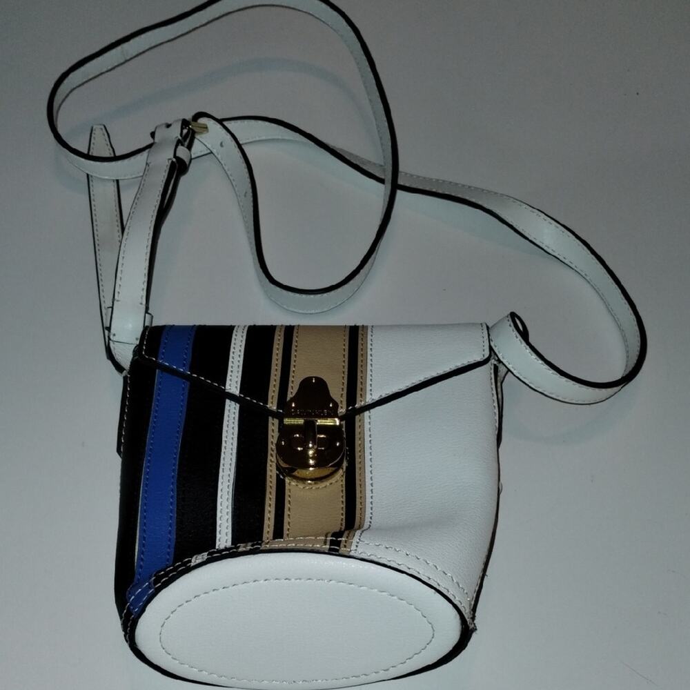 Calvin Klein Mini Shoulder Bag White with Colorful Stripes, compact everyday bag